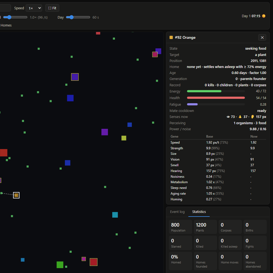 SIM_01, an ecology simulation screenshot
